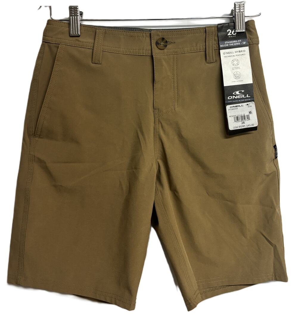 O'Neill Size 26 Reserve Solid 18" Hybrid Shorts Boys Tan Brown Standard Fit New